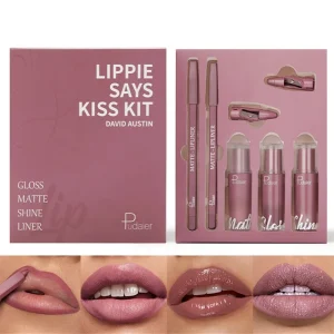 Personalised Brand Lip Make-up Set – 5 Items Together with Lip Liner, Lip Gloss, and Lengthy-lasting Matte/Gloss/Shine Liquid Lipstick with Personal Label Choices