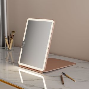 Moveable LED Lighted Rose Gold Beauty Mirror with Contact Display Dimming – Rechargeable Folding Make-up Mirror for Journey